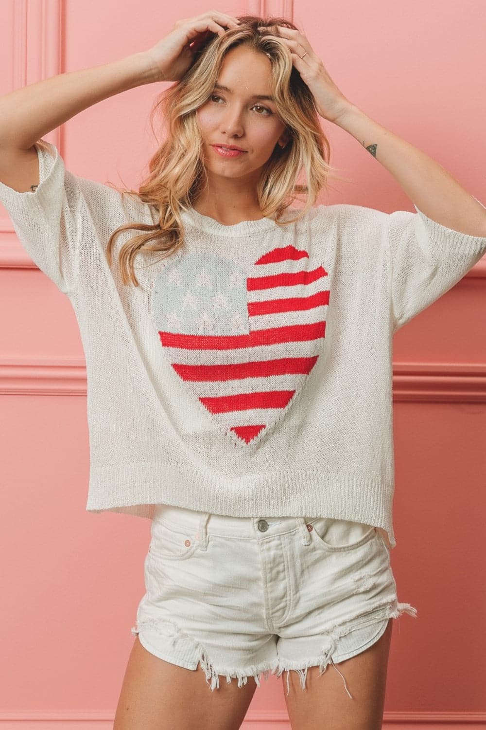 BiBi Striped Heart Contrast Knit Top.