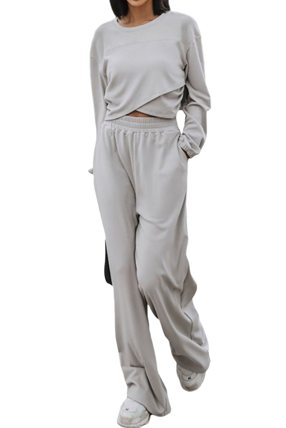 Chic light grey criss cross activewear set for effortless style