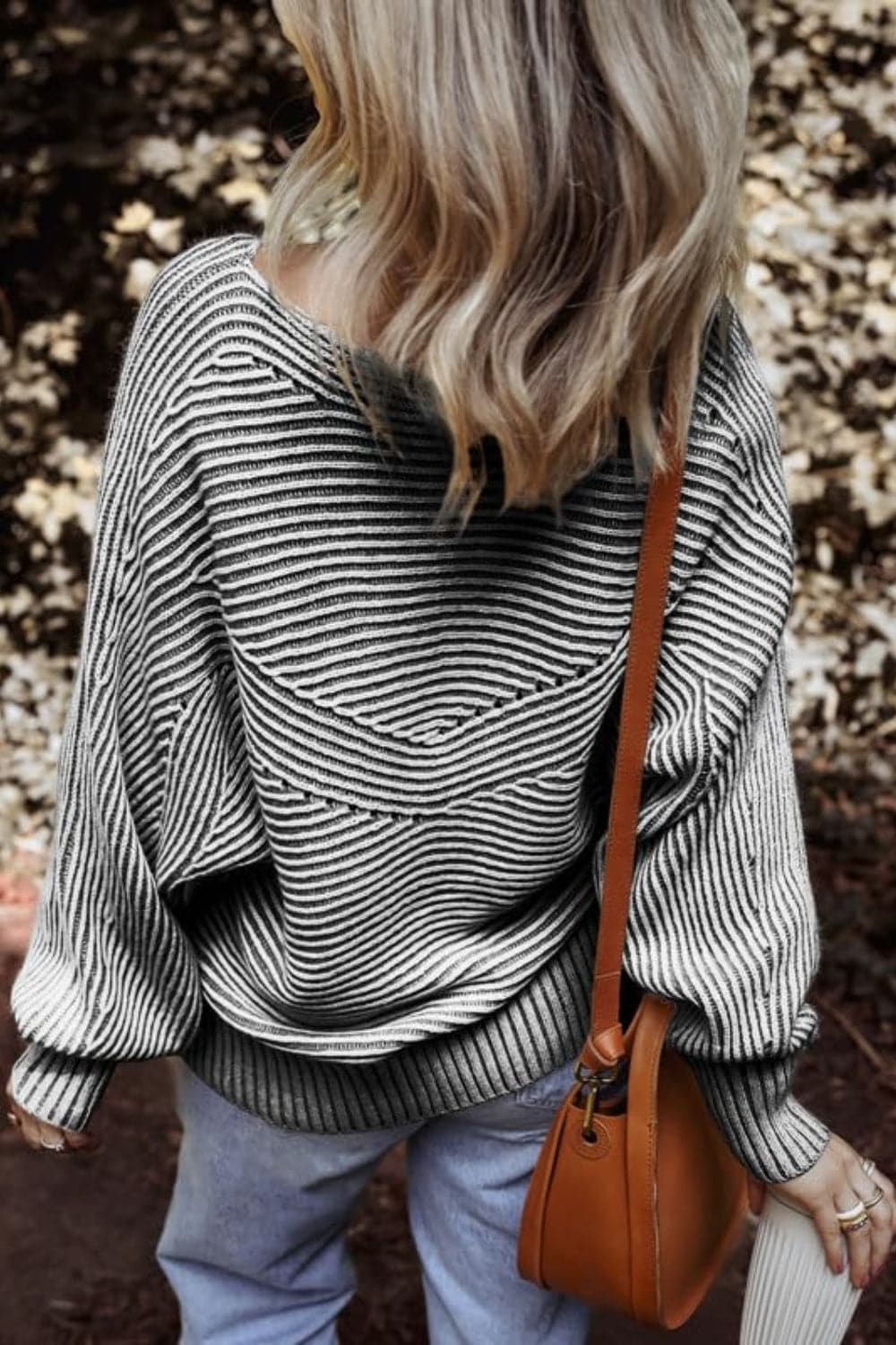 Textured striped long sleeve top with round neck