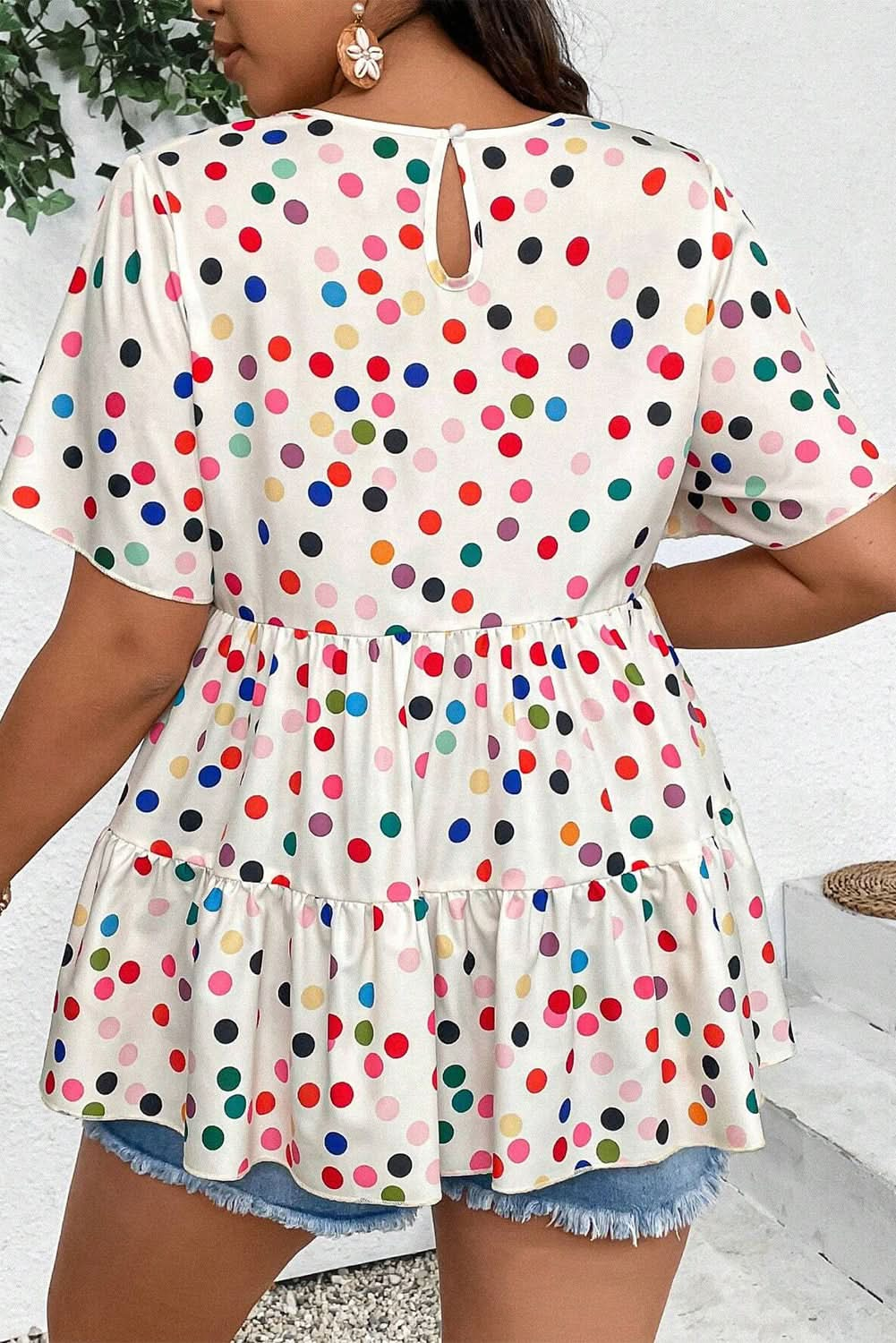 Beige Plus Size Babydoll Blouse with Colorful Polka Dot Print and Ruffled Short Sleeves