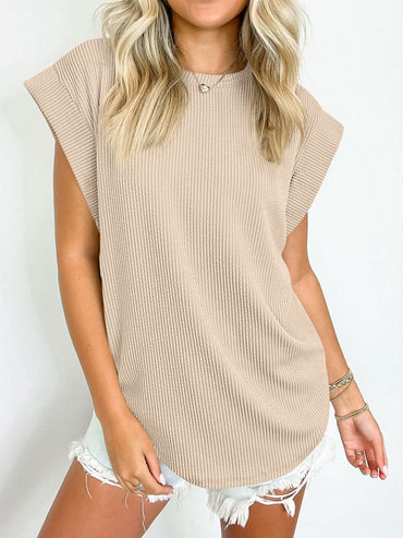 Textured Round Neck Cap Sleeve Blouse.