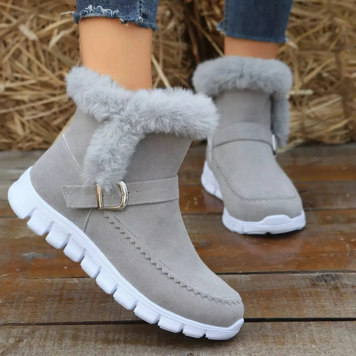 Fuzzy Trim Buckle Ankle Boots With Faux Fur Lining Simply Love