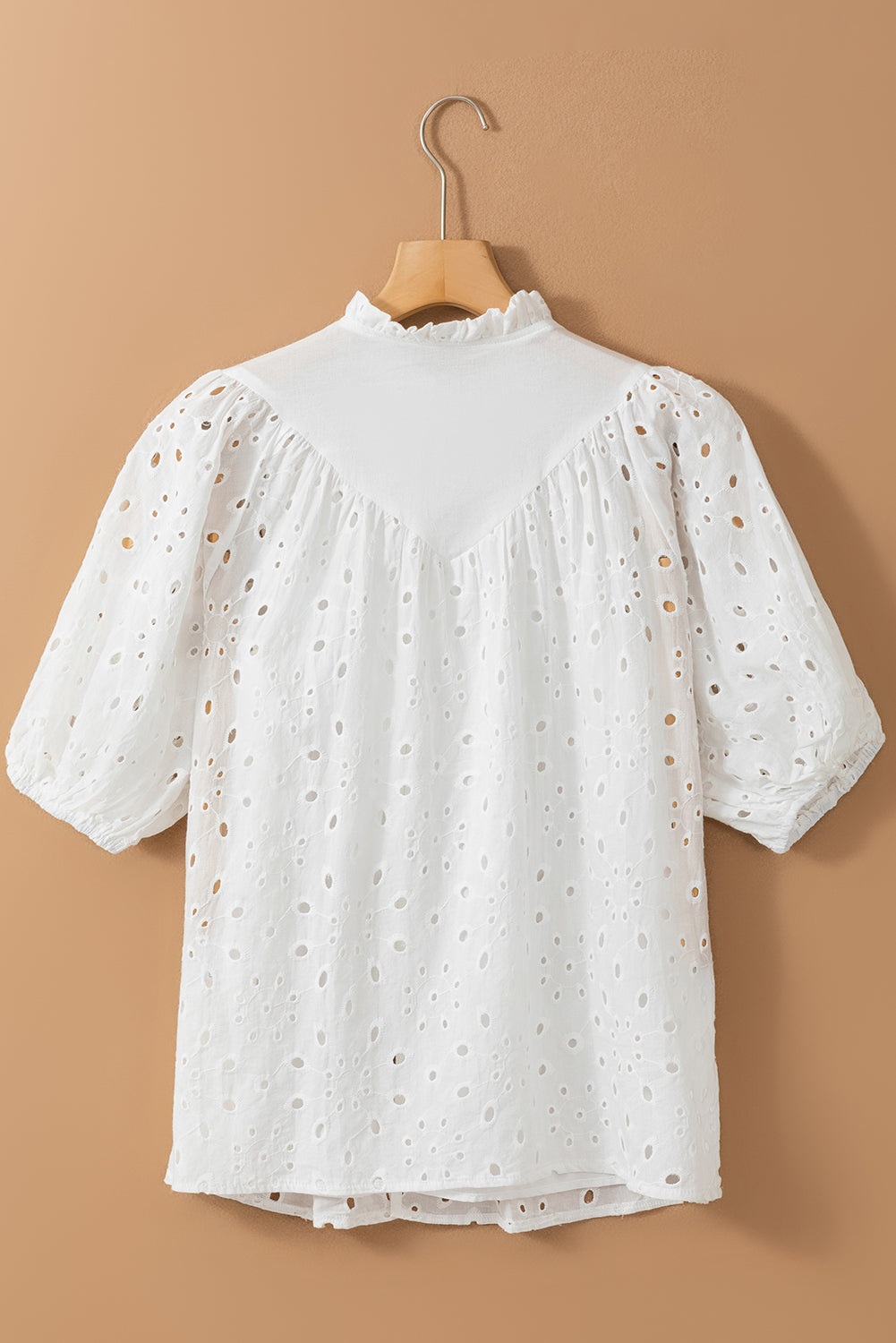 Charming white embroidered puff sleeve blouse with hollow-out design