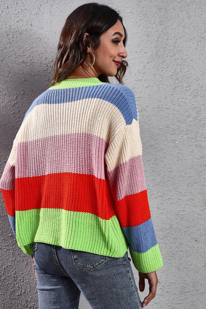 Color Block Button-Down Dropped Shoulder Cardigan.