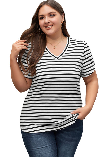 Chic white striped v neck plus size T-shirt with petal sleeves