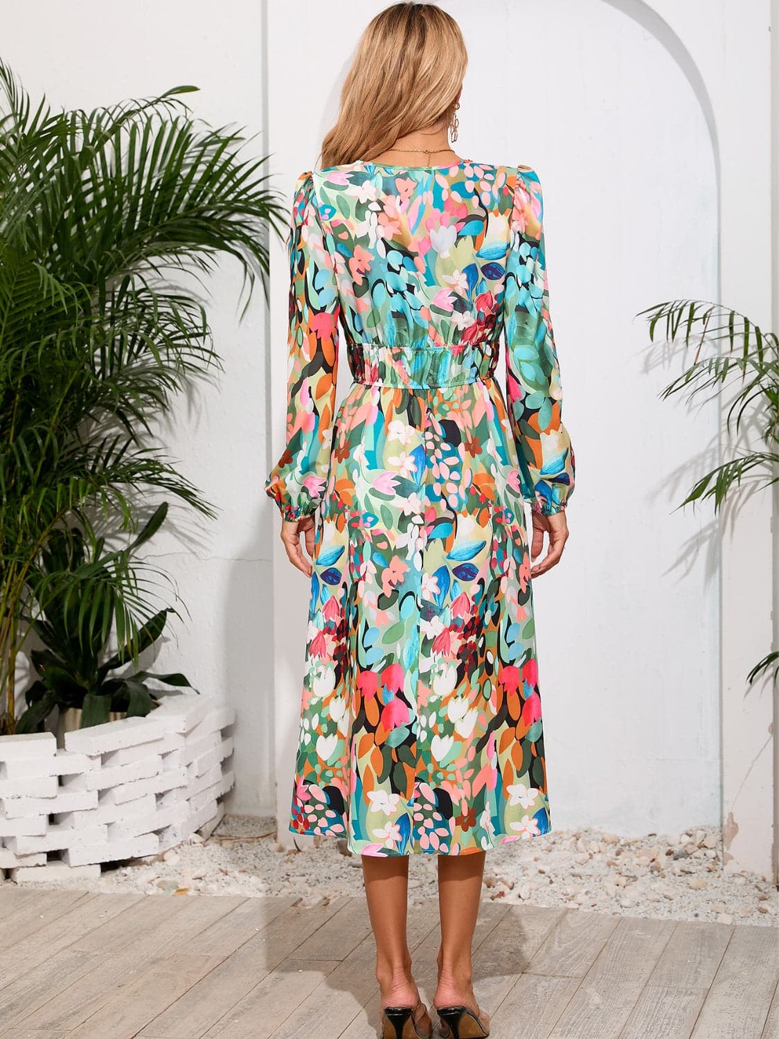 Printed Surplice Long Sleeve Midi Dress.