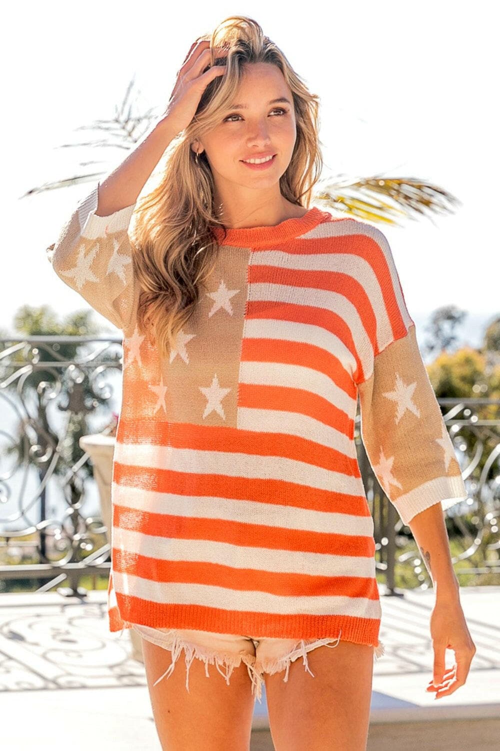 BiBi American Flag Round Neck Knit Top.