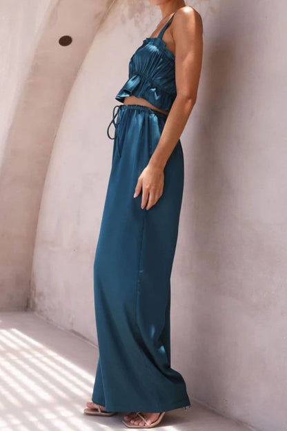 Ruffled Sleeveless Top and Wide Leg Pants Set.