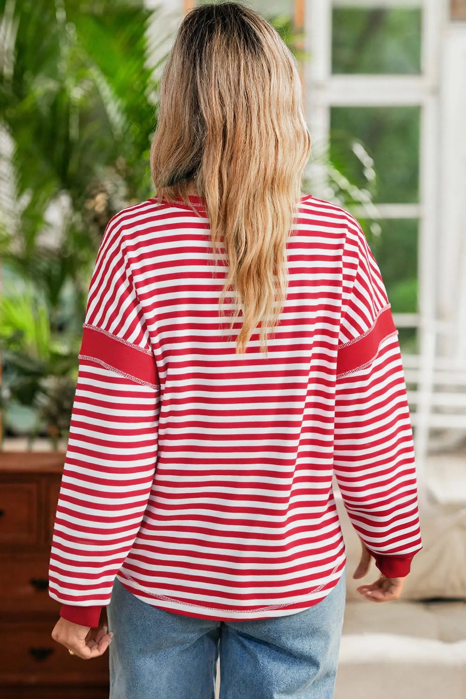 Red Stripe Exposed Seam V Neck Balloon Sleeve Pullover Dear-Lover Dropshipping