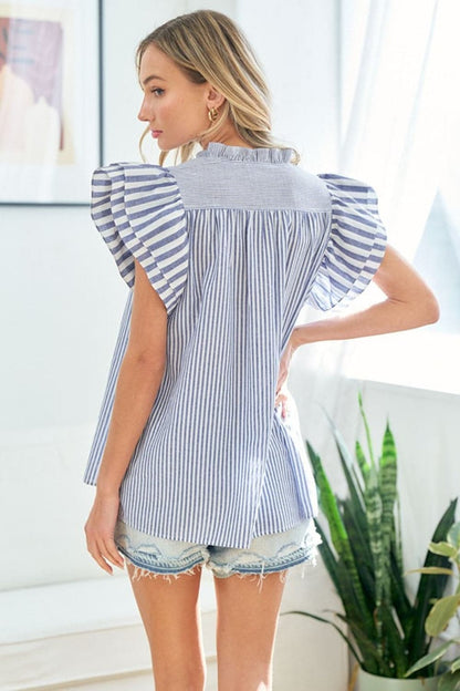 First Love Full Size Striped Flutter Sleeve Blouse.