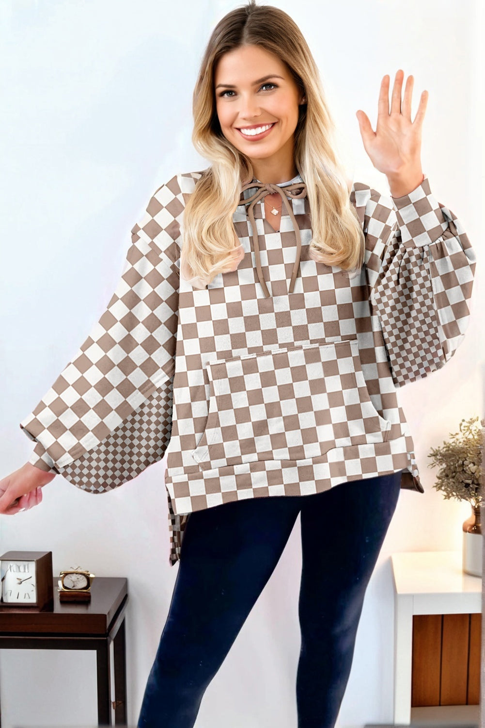 Khaki Double Checkered Patchwork Tie Neck Oversize Hoodie Dear-Lover Dropshipping