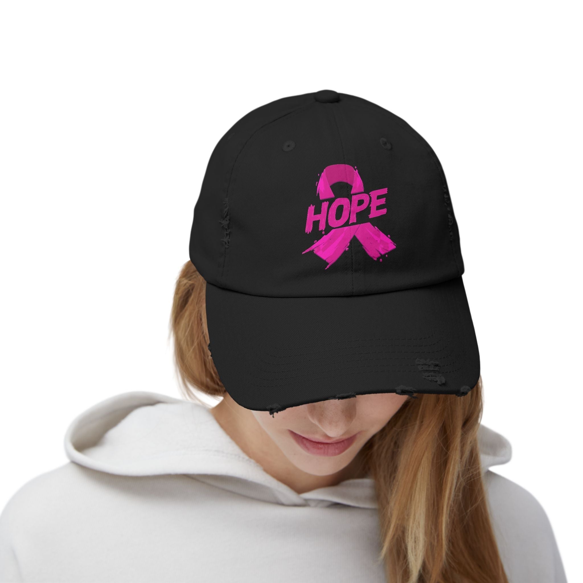 Hope Distressed Cap Unisex Cotton Twill Hat For Breast Cancer Awareness Gift Fundraising Everyday Style Coco’s Tee Boutique
