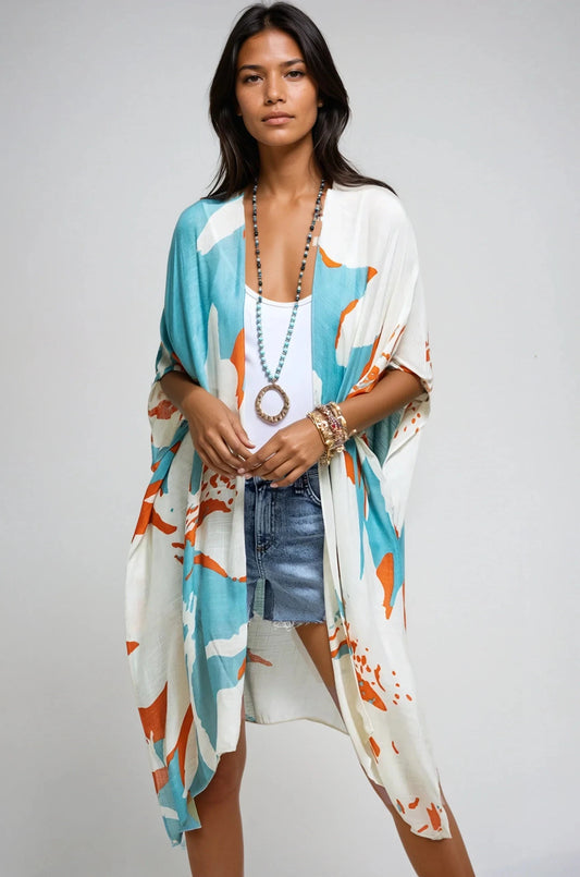 Aquamarine Ocean Bloom Kimono Wrap Floral Beach Cover Fitkitty Culture Athleisure Wear, Yoga Wear & Women's Clothing