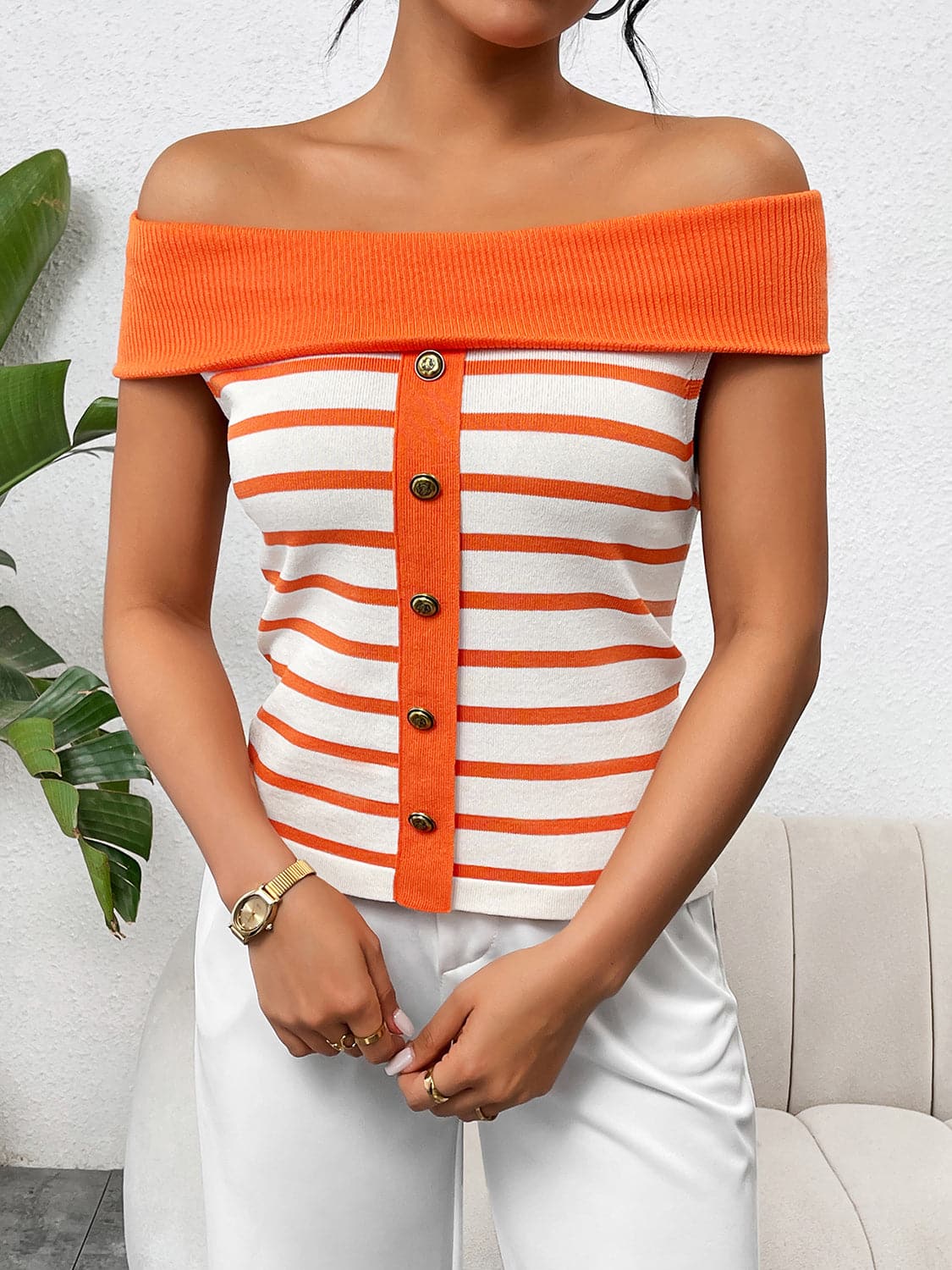 Decorative Button Striped Off-Shoulder Knit Top.