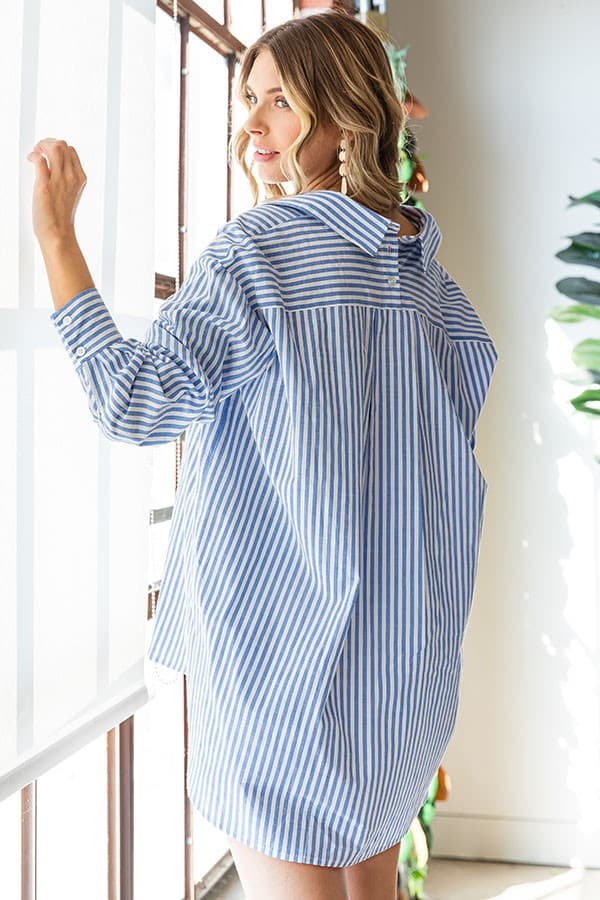 First Love Striped Button Down High-Low Hem Shirt.