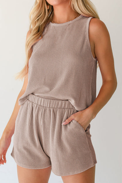 Smoke gray sleeveless top and pocketed shorts ensemble