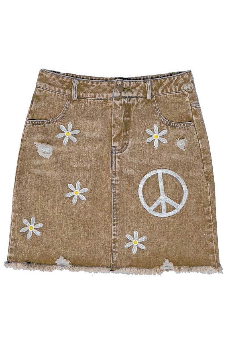 Embroidered Peace Sign Denim Skirt Miss Sparkling