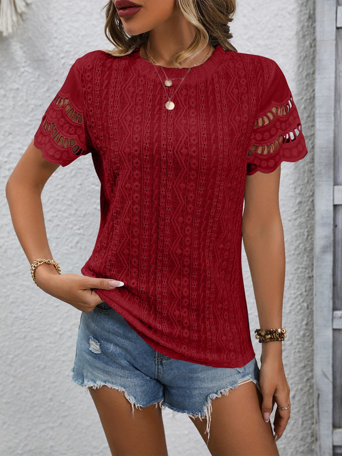 Full Size Eyelet Round Neck Short Sleeve Top.