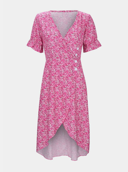 Full Size Printed Surplice Flounce Sleeve Midi Dress.