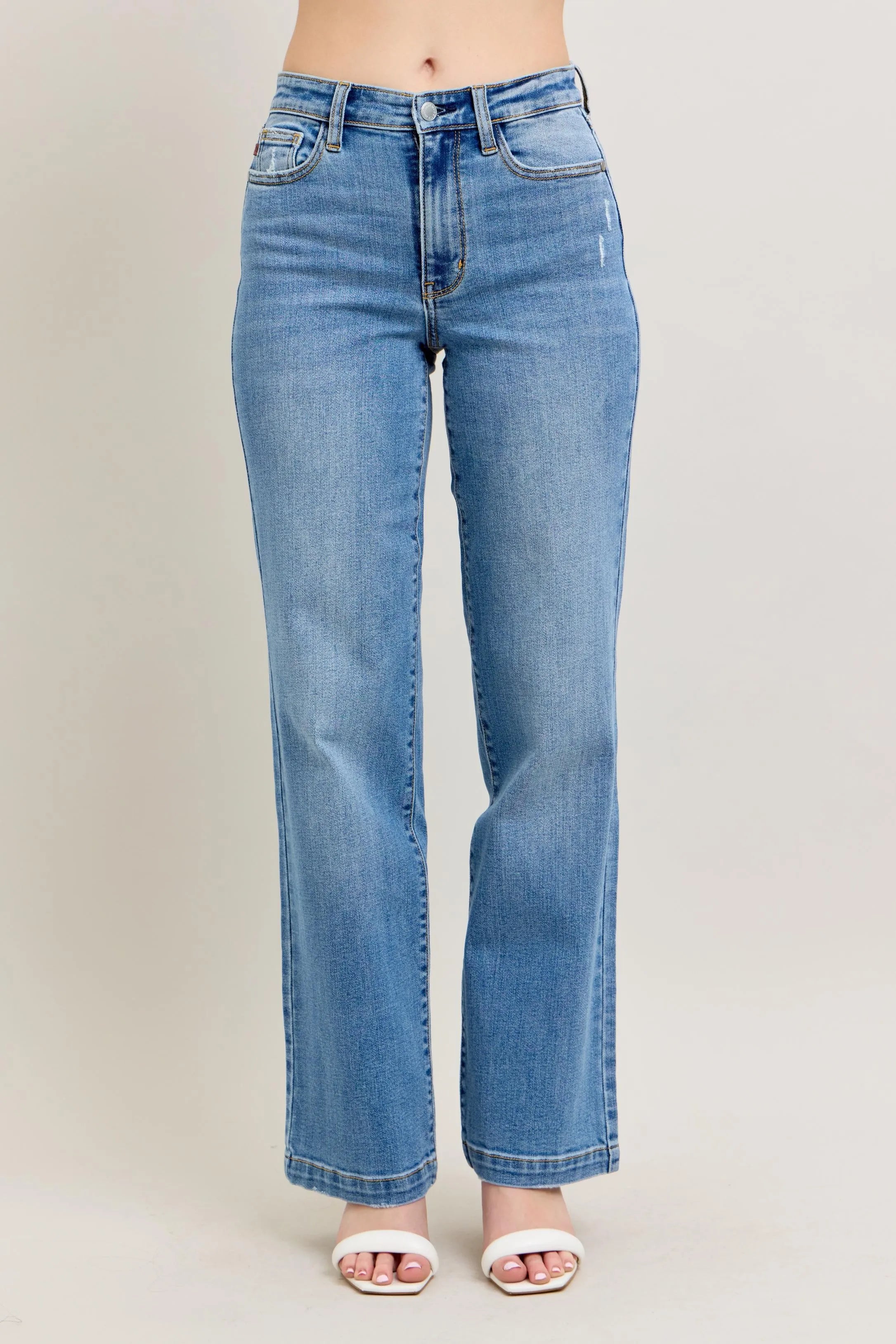 Judy Blue Plus Size High Waist Straight Leg Jeans in Medium Blue Wash - Love Salve 