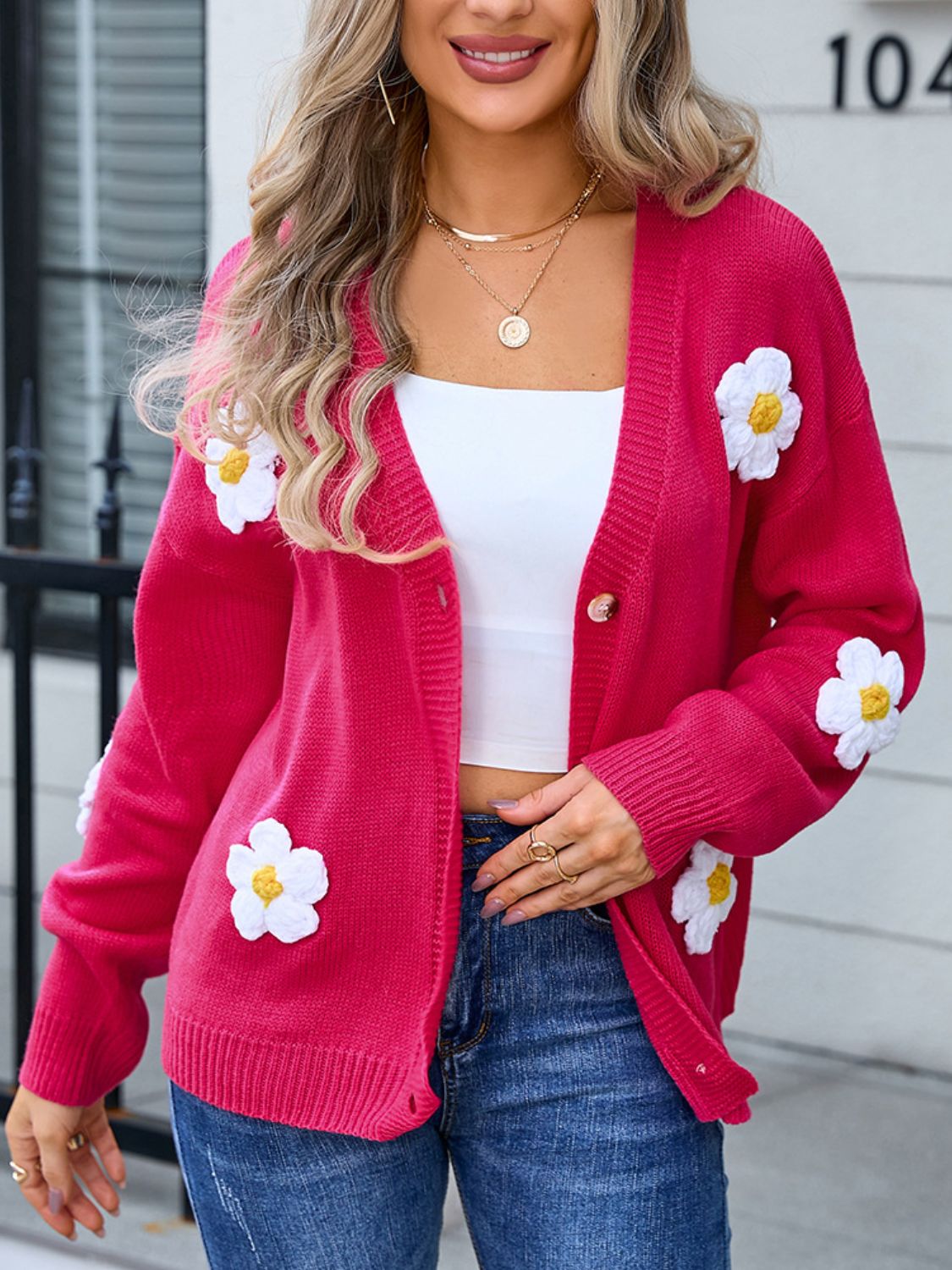 Charming crochet floral cardigan with button closure