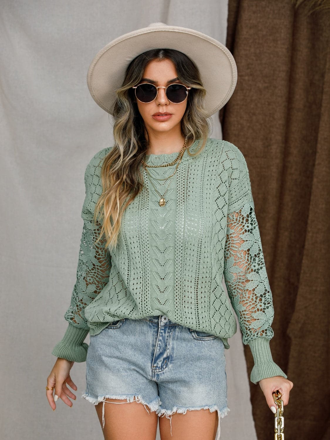 Eyelet Crochet Lantern Sleeve Sweater.