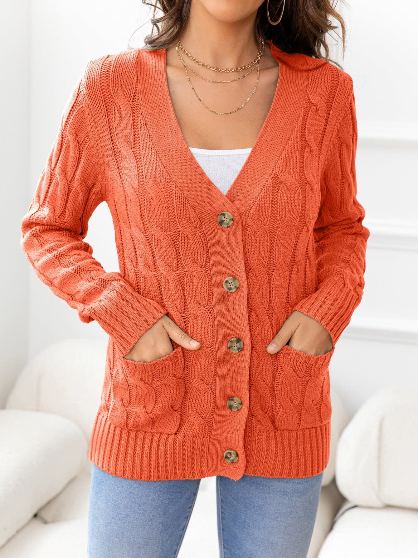 Button Down Cable-Knit Cardigan.