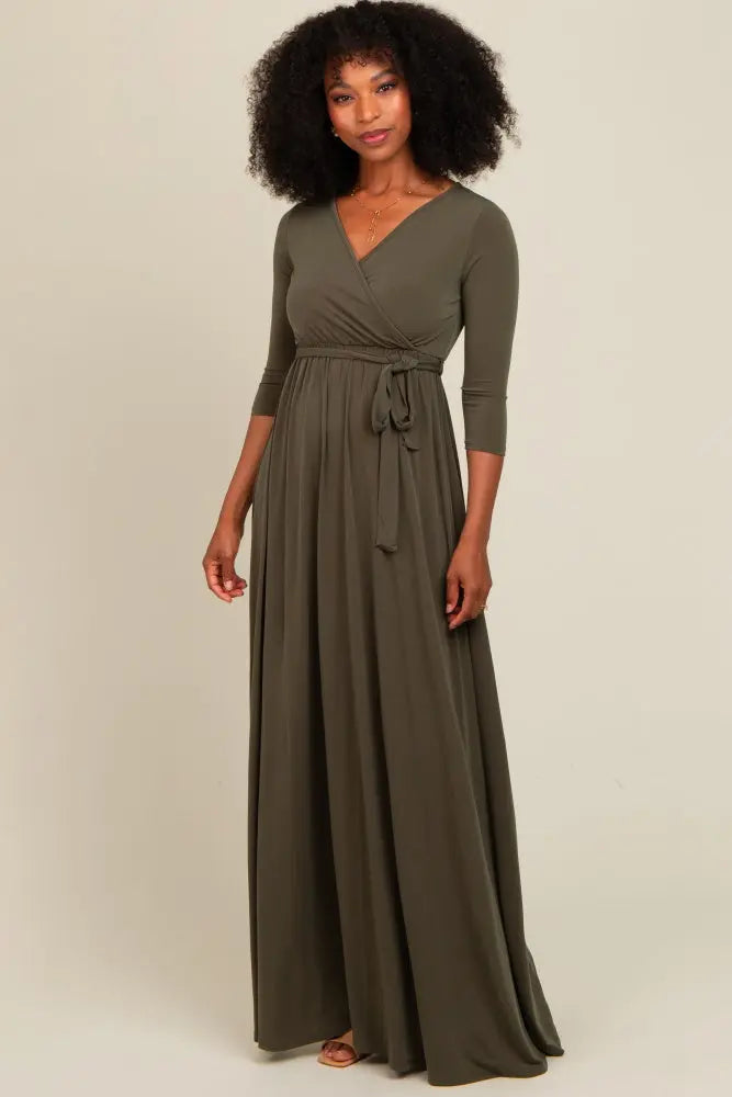 PinkBlush Olive Green Draped 3/4 Sleeve Maternity Maxi Dress PinkBlush