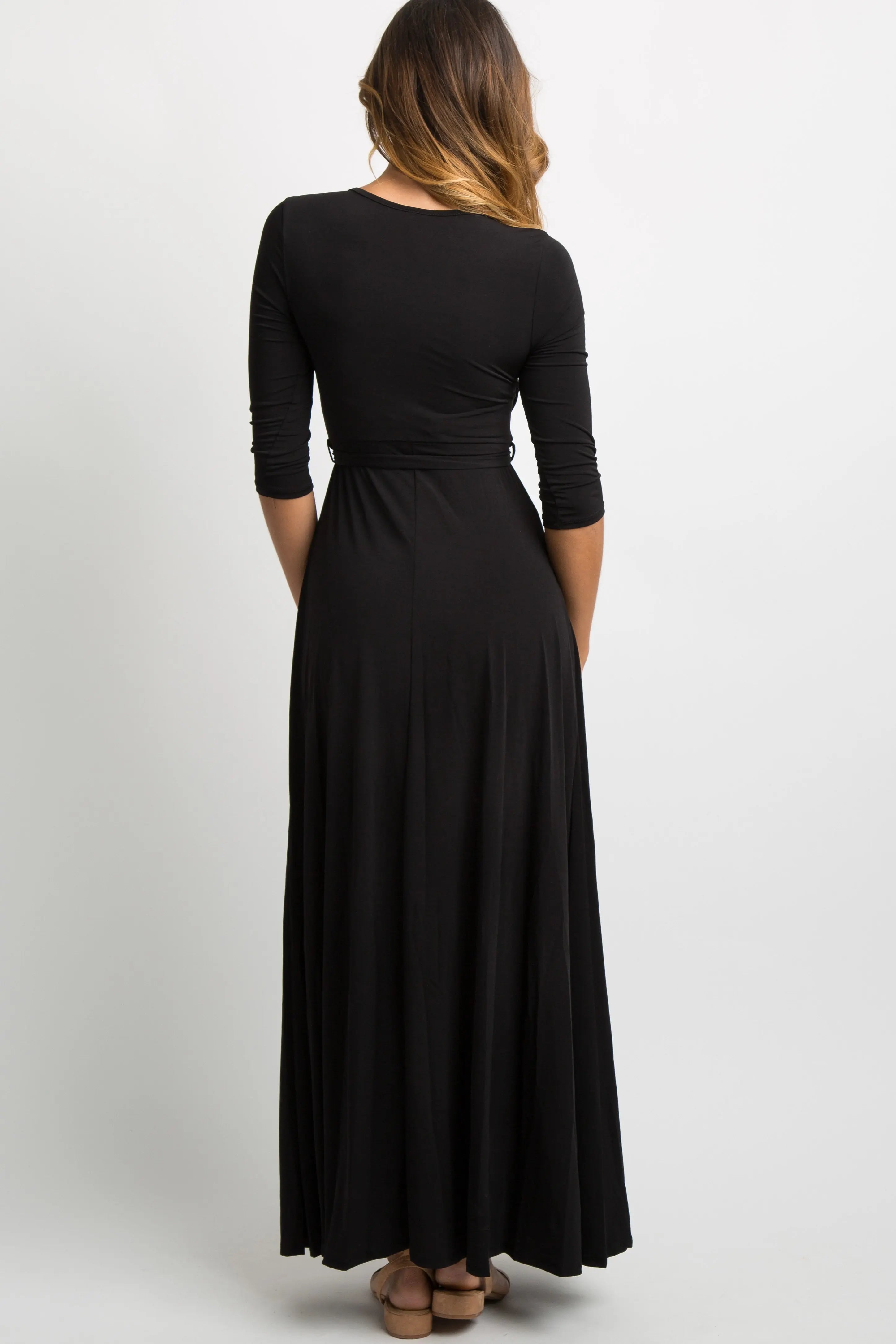 Black Solid Wrap Vneck Maxi Dress With Sash Tie Three Quarter Sleeves PinkBlush