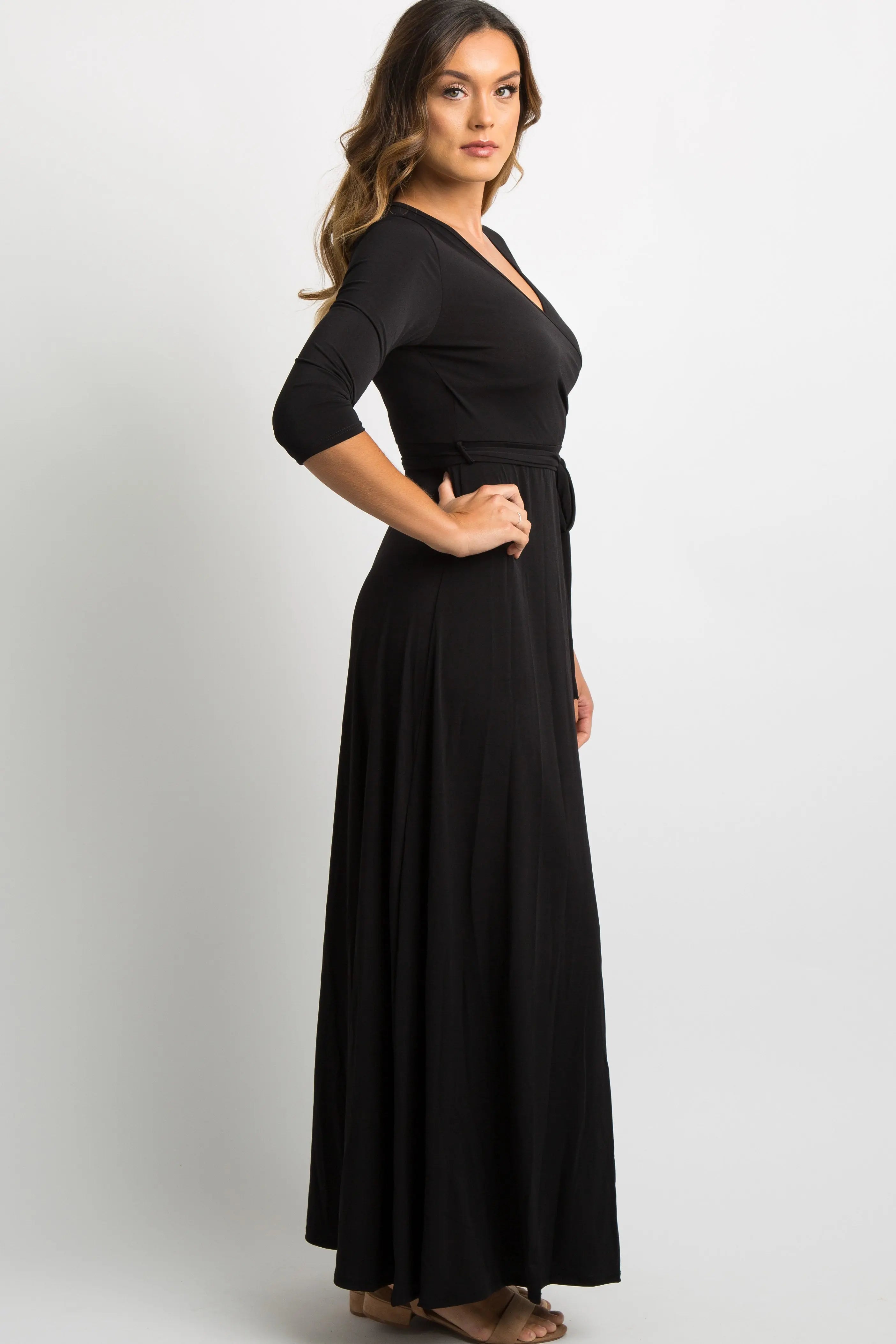 Black Solid Wrap Vneck Maxi Dress With Sash Tie Three Quarter Sleeves PinkBlush