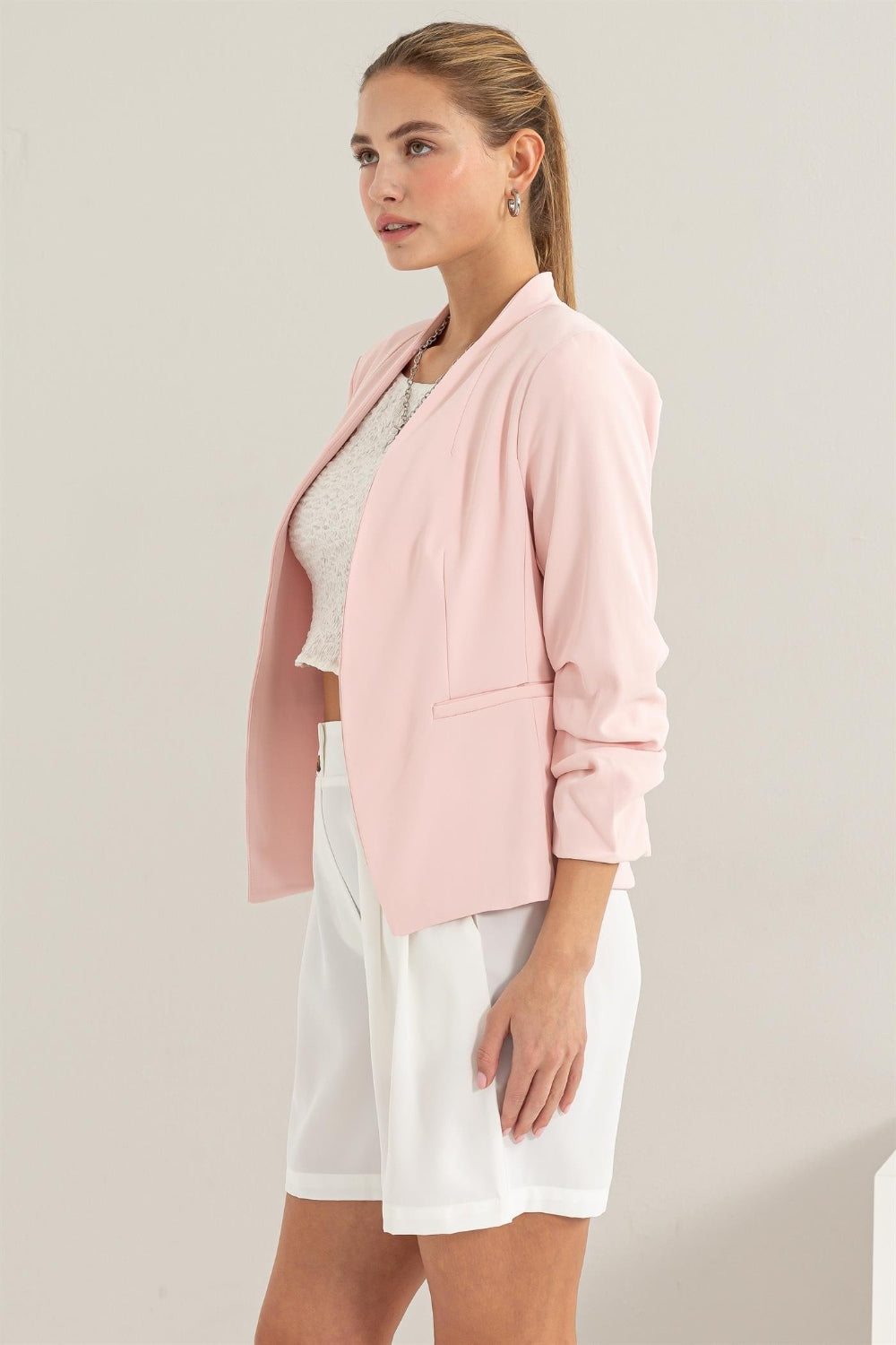 HYFVE Open Front Ruched Sleeve Blazer Coco’s Tee Boutique