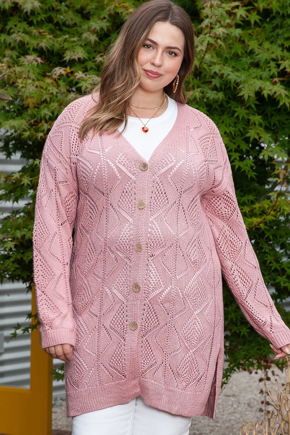 Plus Size Openwork V-Neck Long Sleeve Buttoned Cardigan.