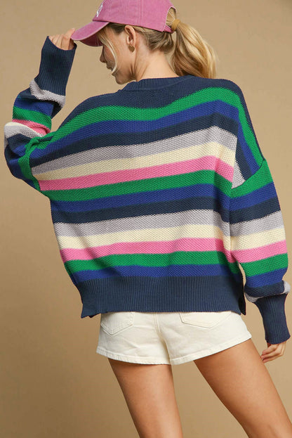 Vibrant Green Striped Drop Shoulder Crew Neck Sweater