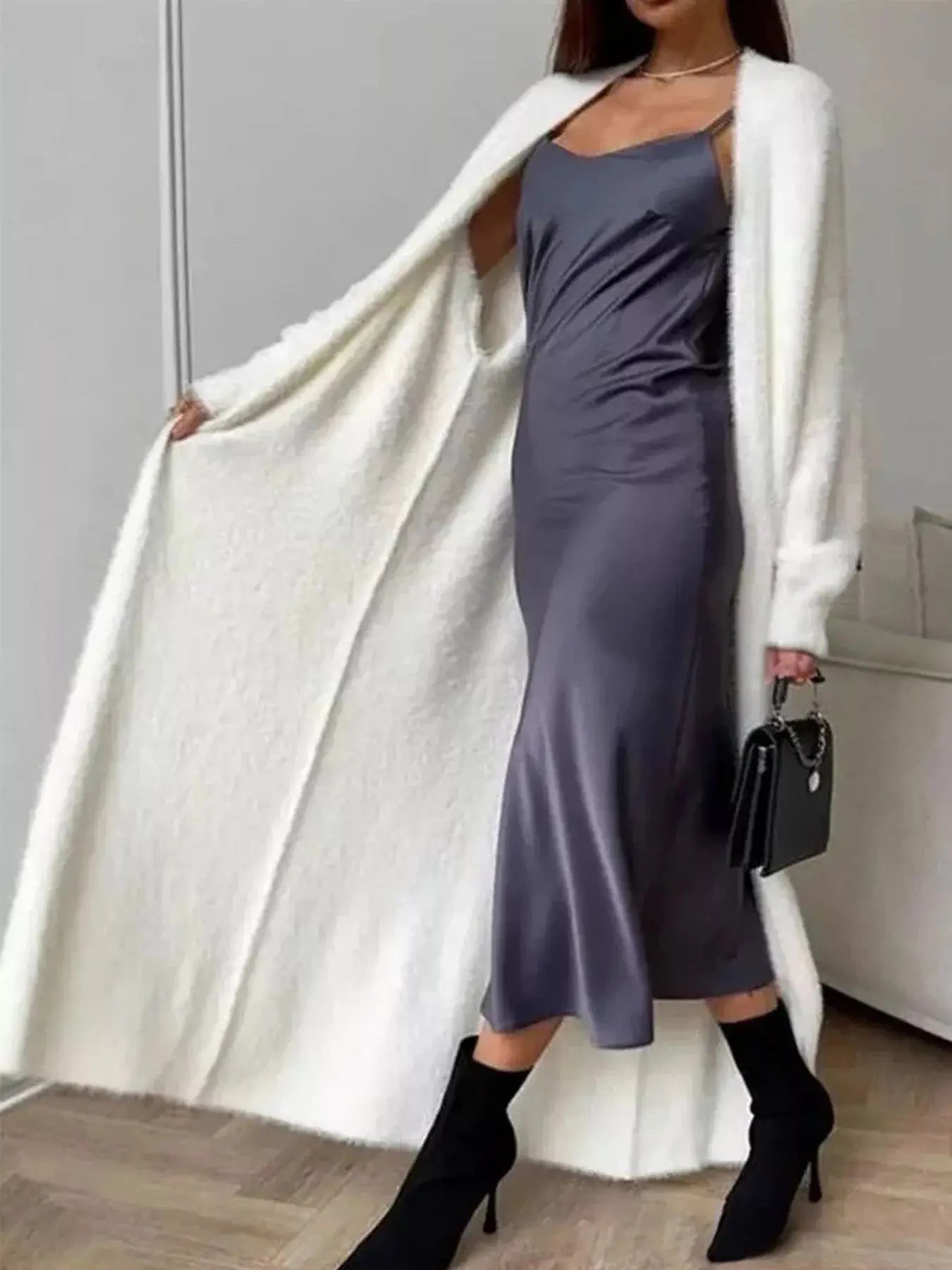 Brown Fuzzy Open Front Longline Cardigan For Women Warm Cozy Simply Love