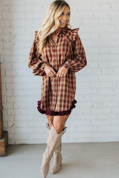 Red Plaid Ruffled Long Sleeve Patchwork Shirt Dress