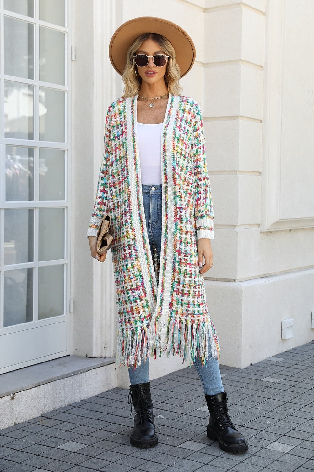 Multicolored Open Front Fringe Hem Cardigan.