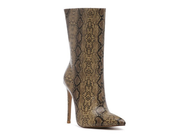 Sleek snake print stiletto ankle boots