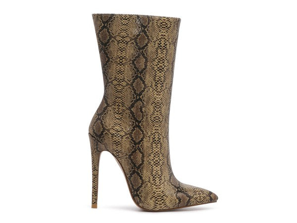 Sleek snake print stiletto ankle boots