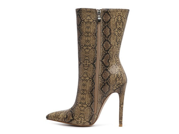 Sleek snake print stiletto ankle boots