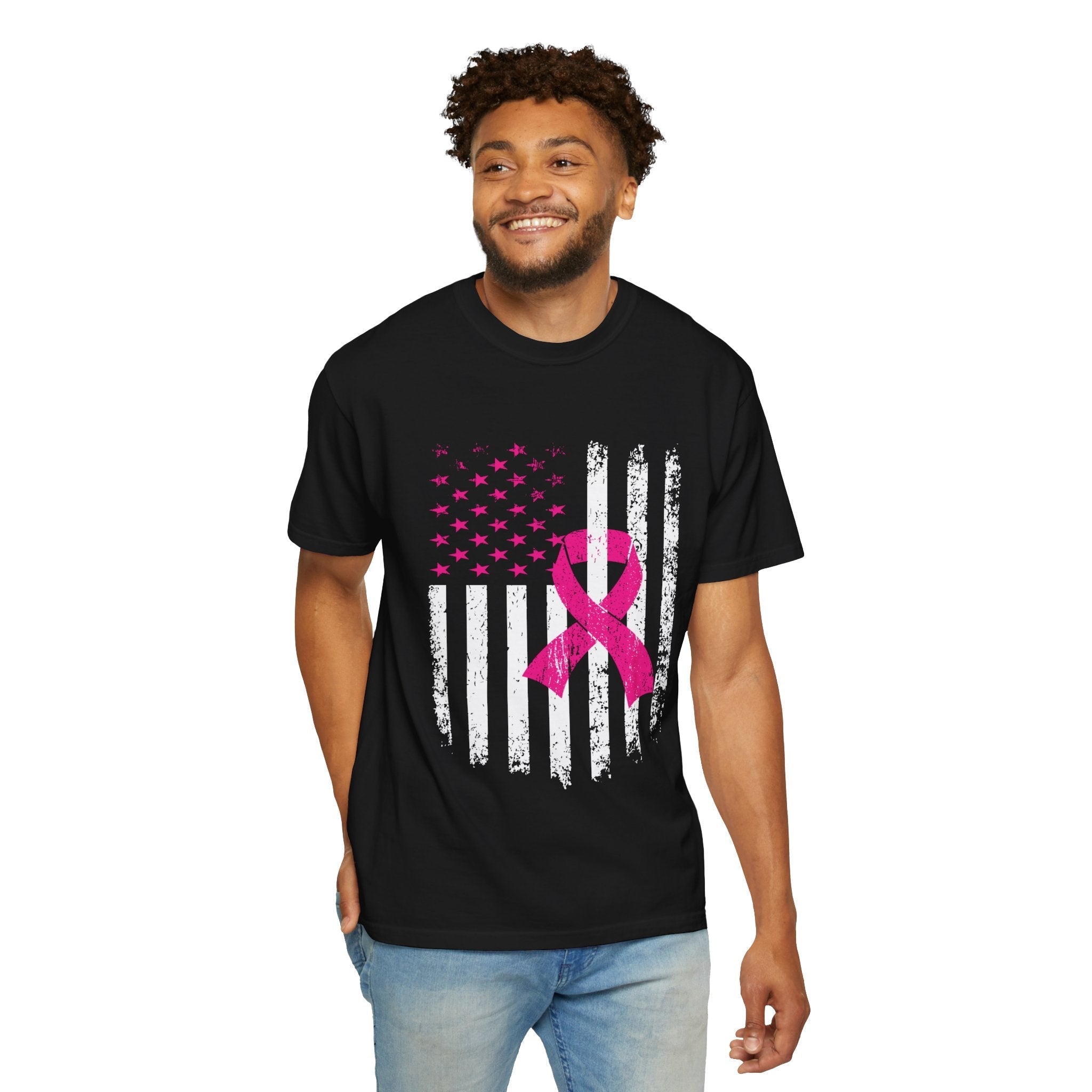 Unisex Breast Cancer Awareness Flag Tee With Distressed US Flag And Pink Ribbon Garment Dyed In Graphite Or Black Coco’s Tee Boutique