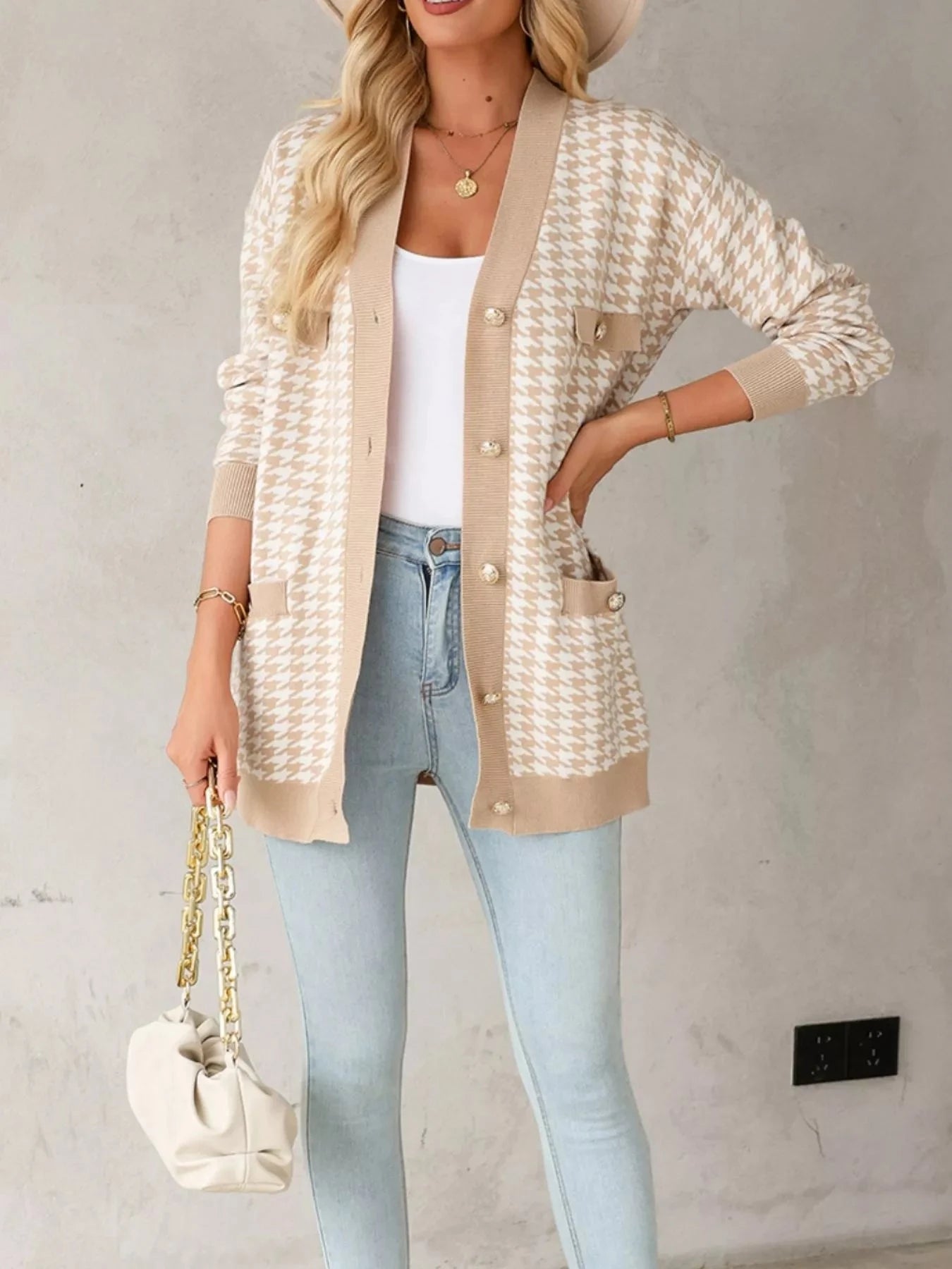 Contrast Edge Metal Button Slim Cardigan with Pockets Coco’s Tee Boutique