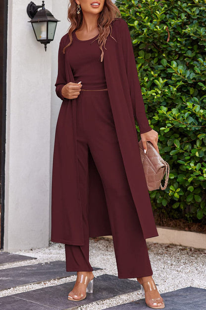 Three-piece drawstring tank, long sleeve cover-up, and pants ensemble