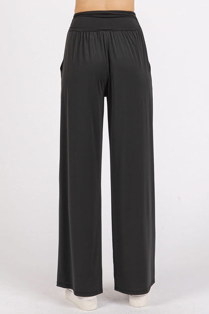 Versatile Wide Leg Pants with Stretchy Banded Waist and Pockets