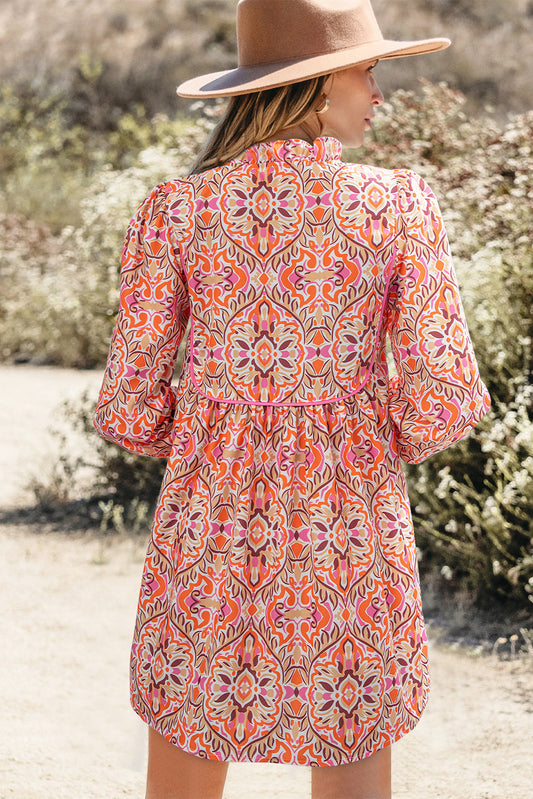 Aisha Long Sleeve Tied Neckline Mini Dress with Abstract Print and Puff Sleeves - Love Salve 