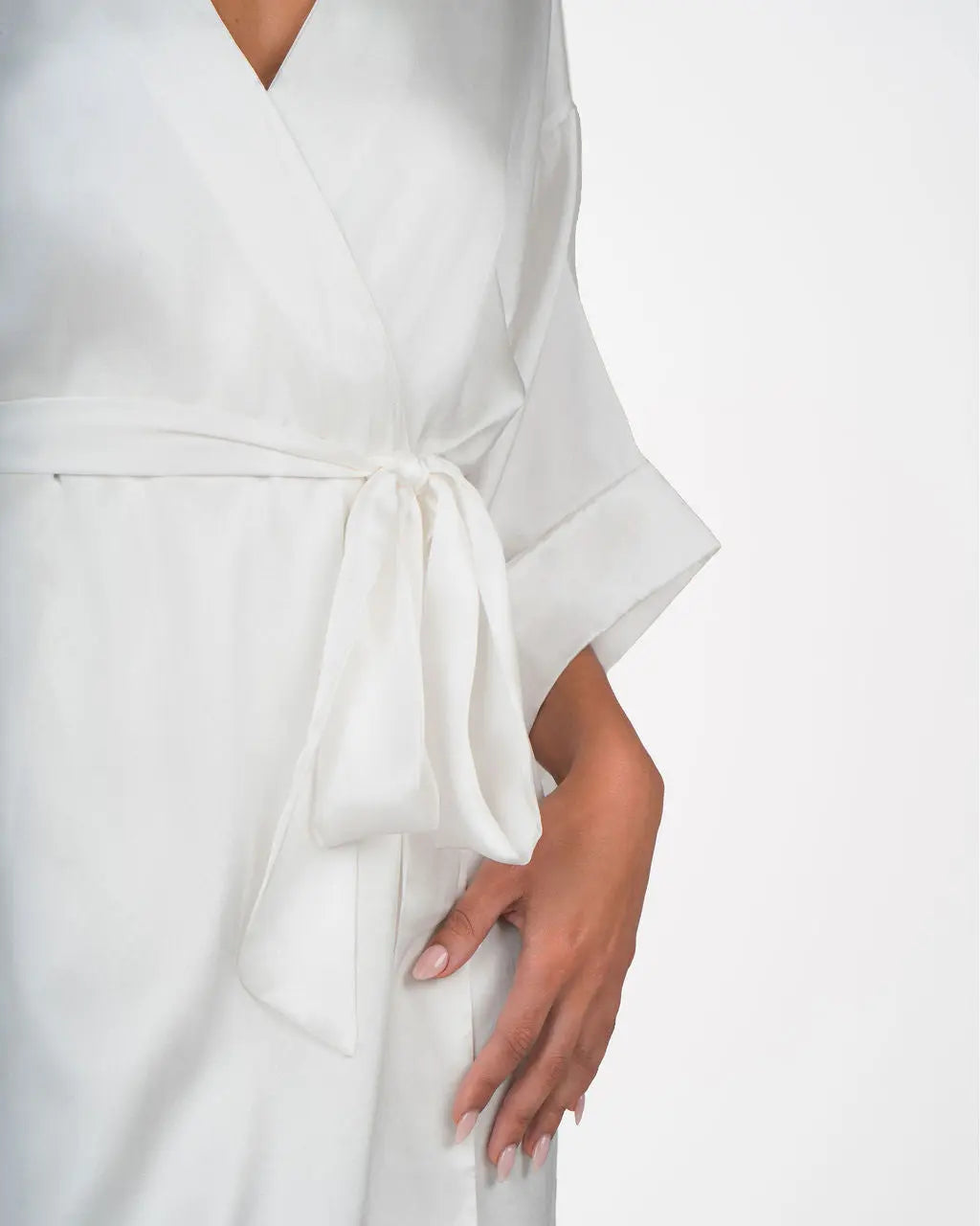 White Washable Silk Classic Robe With Wrap Silhouette And Self Tie Belt A.ROSE