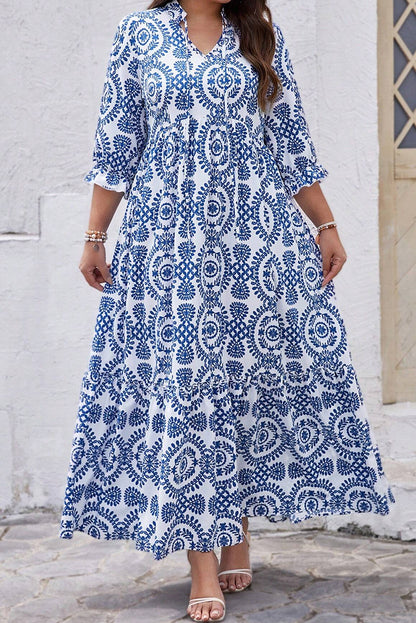 Sky blue geometric lace-up maxi dress with notch neck for plus sizes