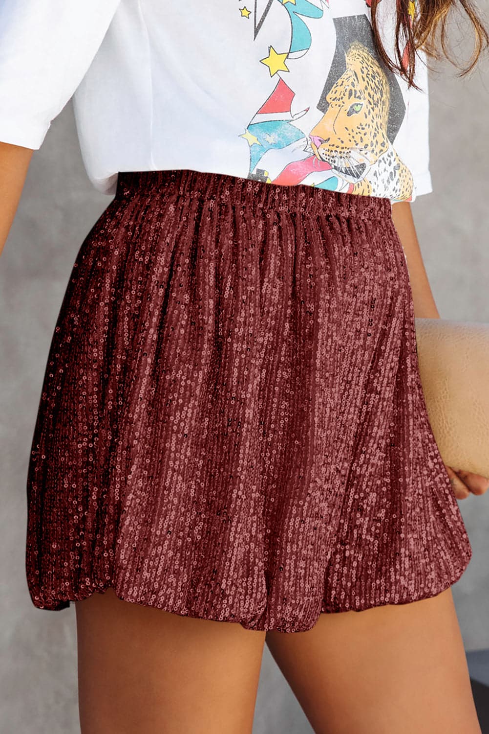 Sequin Elastic Waist Shorts.