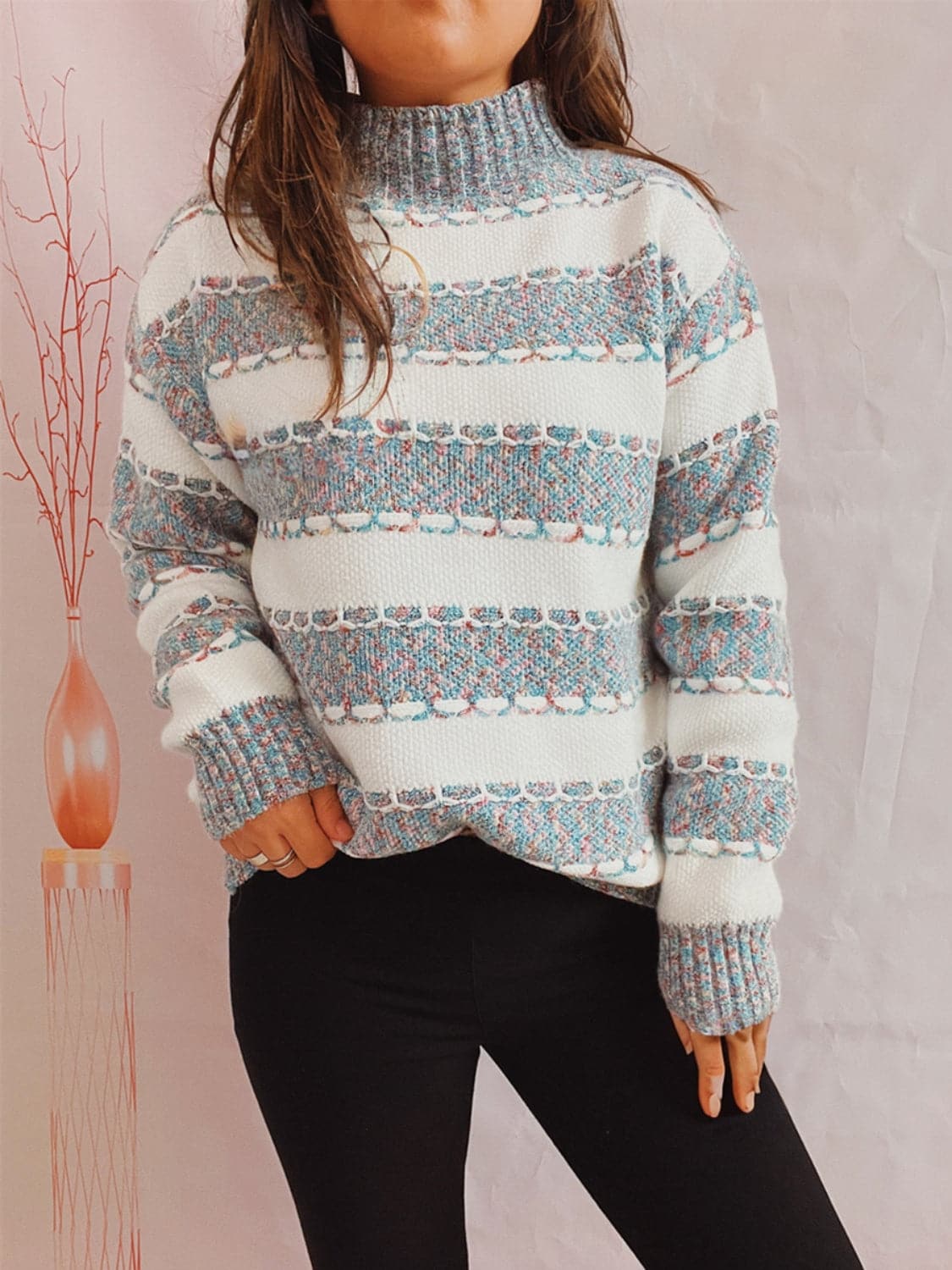 Striped Turtleneck Long Sleeve Sweater.