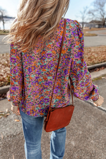 Charming purple floral frilled blouse with shirred cuffs