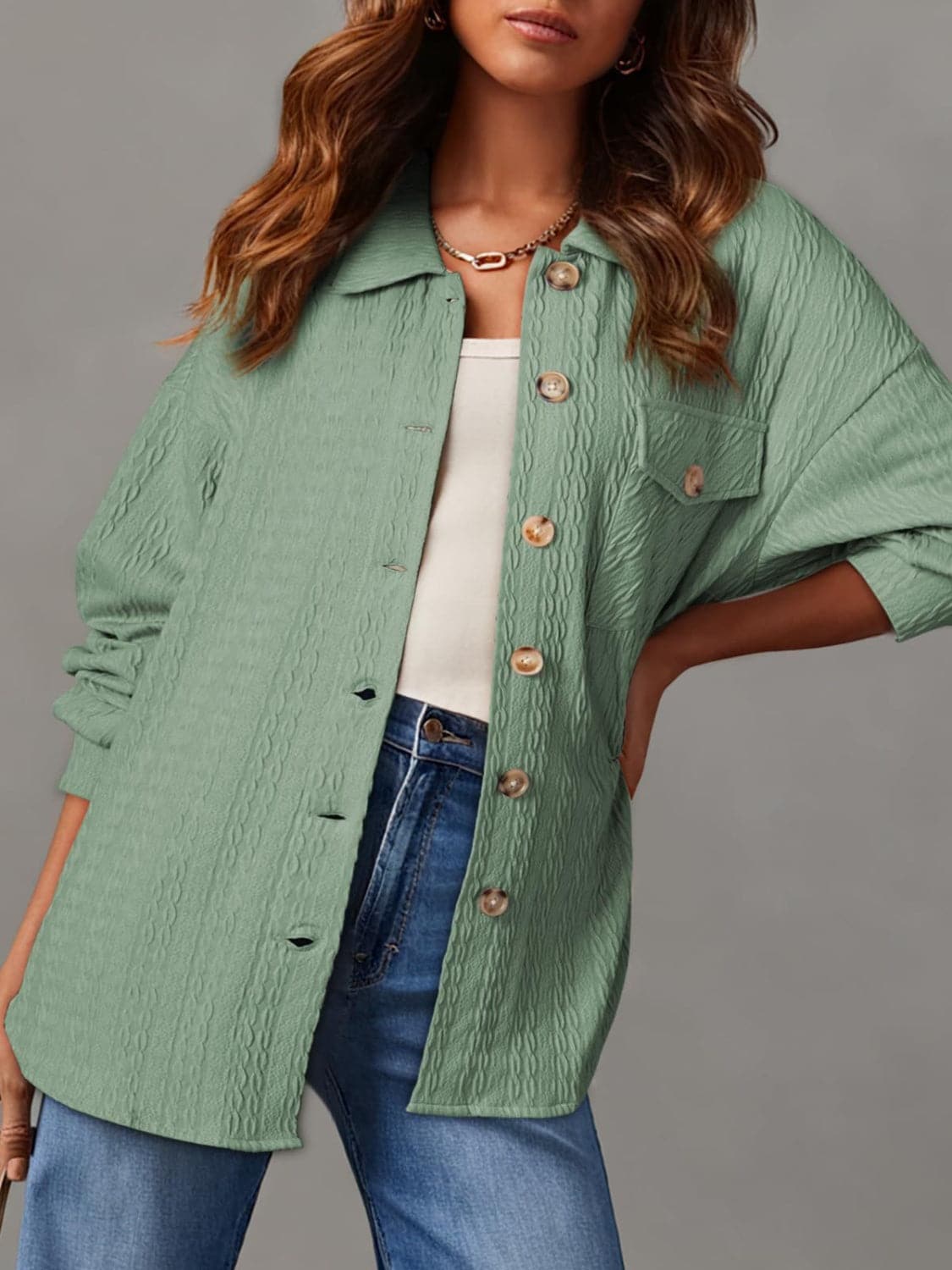 Stylish textured long sleeve button-up shacket